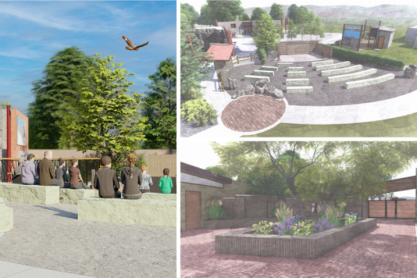Rendered image collage of outdoor classroom. Right image: people sitting on stone benches watching a falcon fly overhead; Top right image: aerial view of outdoor classroom; Bottom right image is the school field trip/large group entrance and special event space.