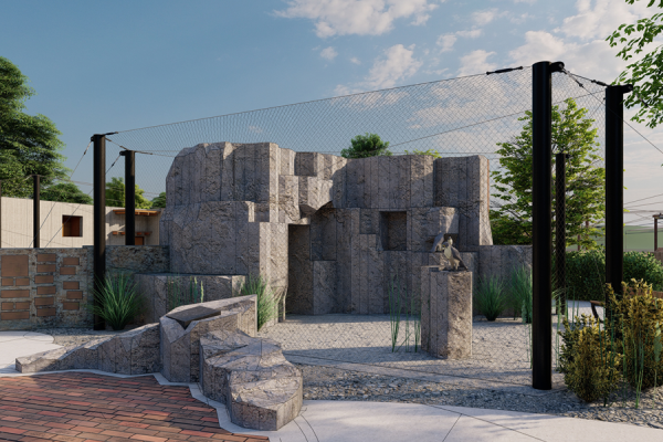 Rendered image of a Peregrine Falcon exhibit, featuring a rock exhibit with Peregrine Falcons perched on top.