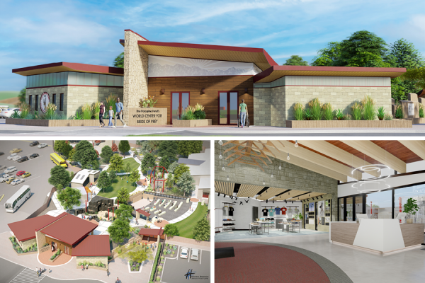 Image renderings of the new welcome center. The top image is the front of the welcome center; bottom left is an aerial view of the campus; bottom right is the gift shop.