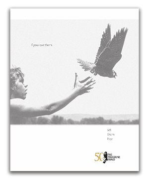 young man releasing peregrine on cover of the 50 year commemorative report