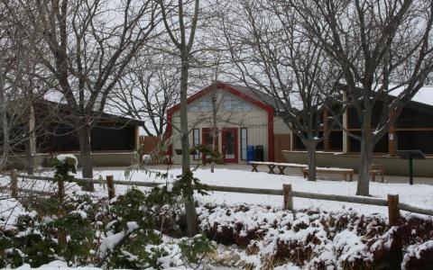 Snow covered courtyard of the Velma Morrison Interpretive Center