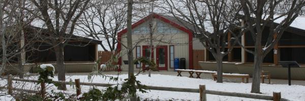 Snow covered courtyard of the Velma Morrison Interpretive Center