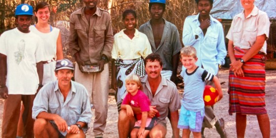 The Peregrine Fund's Madagascar team posing for a group photo in 1996. Heather Druffel is seen as a small child being held by her father, former Peregrine Fund CEO Rick Watson.